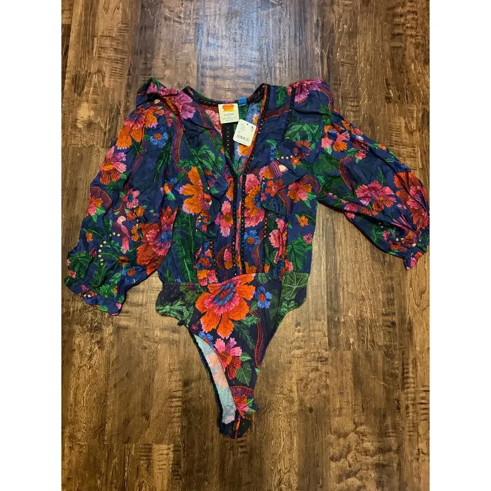 Farm RIO floral puff sleeve bodysuit medium NEW